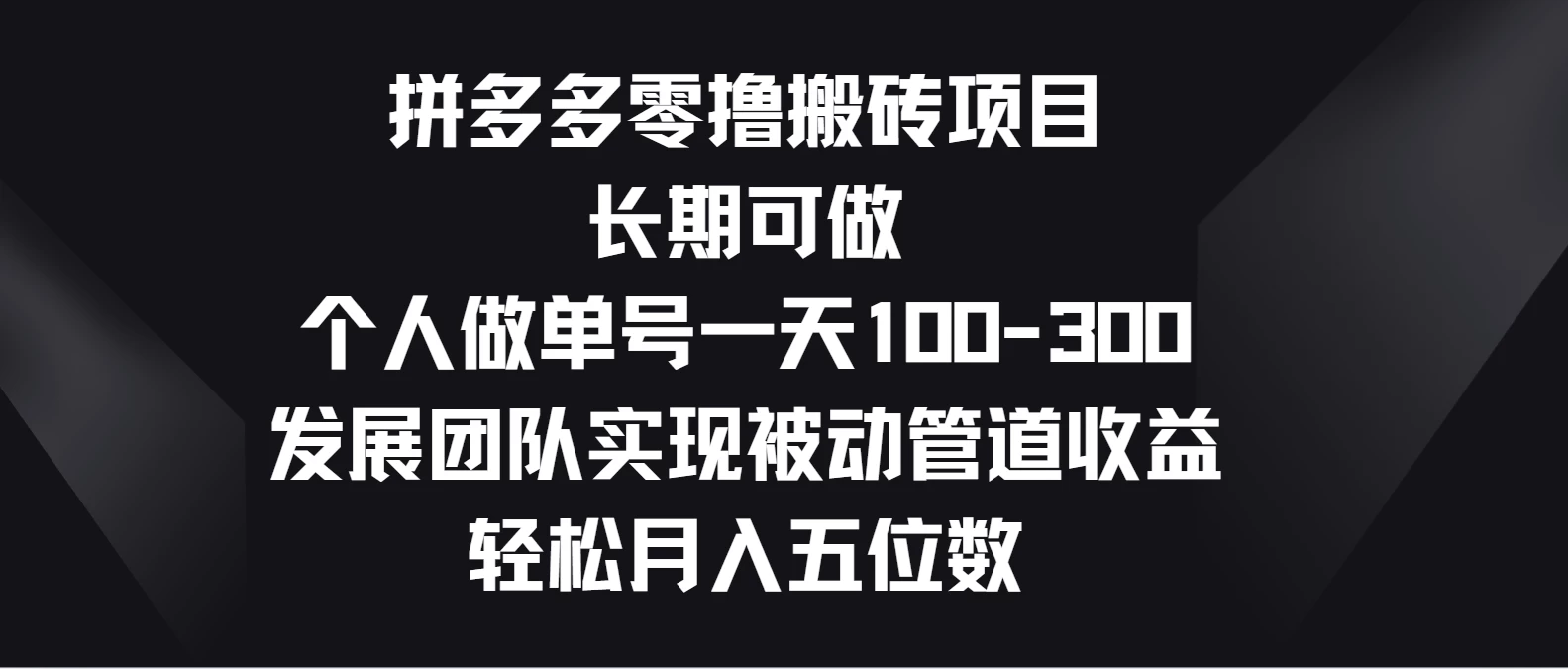 拼多多零撸搬砖项目，长期可做，个人做单号一天100-300，发展团队实现被动管道收益，轻松月入五位数-泡泡网赚