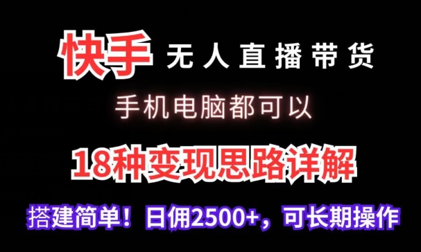 快手无人直播带货，手机电脑都可以，18种变现思路详解，搭建简单日佣2500+-泡泡网赚