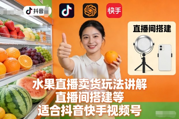 水果直播卖货玩法讲解、直播间搭建等，适合抖音快手视频号-泡泡网赚