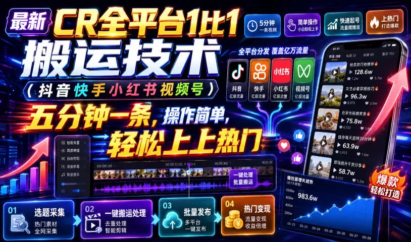 最新CR全平台1比1搬运技术(抖音快手小红书视频号)五分钟分钟一条，操作简单，轻松上热门(教程+软件+参数)-泡泡网赚