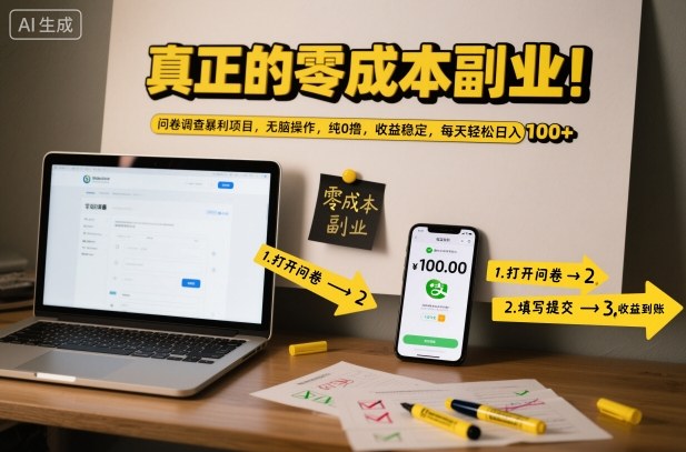 真正的零成本副业！问卷调查暴利项目，无脑操作，纯0撸，收益稳定，每天轻松日入100+【揭秘】-泡泡网赚