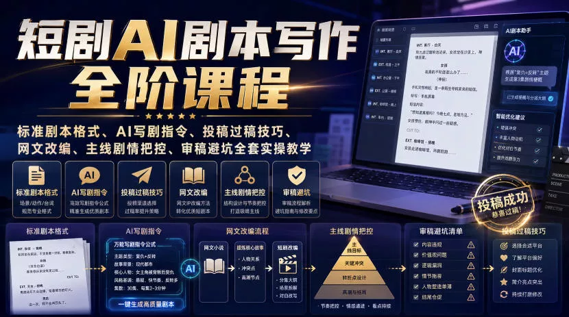 短剧AI剧本写作全阶课程｜标准剧本格式、AI写剧指令、投稿过稿技巧、网文改编、主线剧情把控、审稿避坑全套实操教学-泡泡网赚