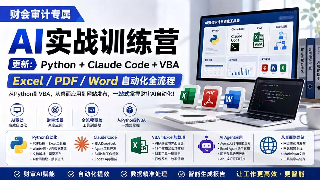 财会审计专属 AI实战训练营：Python+Claude Code+VBA，Excel/PDF/Word自动化全流程 (更新-泡泡网赚