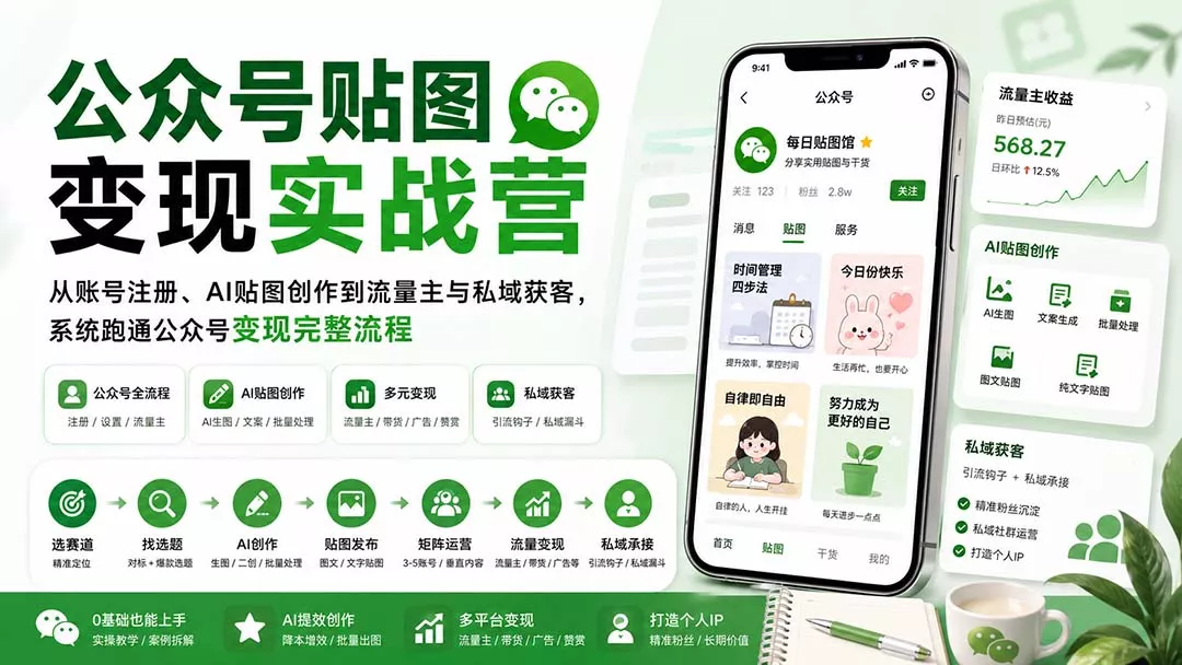 公众号贴图变现实战营：从账号注册、AI贴图创作到流量主与私域获客，系统跑通公众号变现完整流程-泡泡网赚