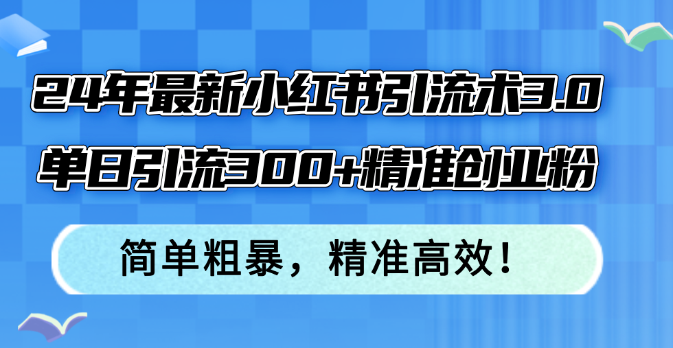 24年最新小红书引流术3.0，单日引流300+精准创业粉，简单粗暴，精准高效！-泡泡网赚