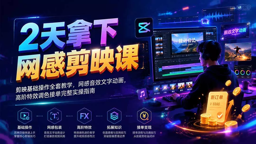 2天拿下网感剪辑课｜剪映基础操作全套教学，网感音效文字动画，高阶特效调色接单完整实操指南-泡泡网赚