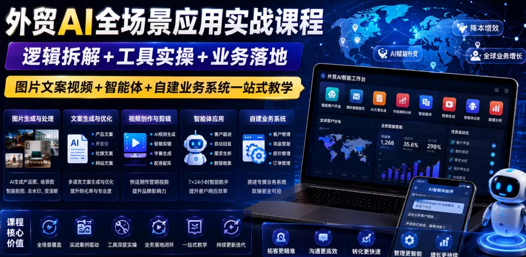 外贸AI全场景应用实战课程｜逻辑拆解+工具实操+业务落地，图片文案视频+智能体+自建业务系统一站式教学-泡泡网赚