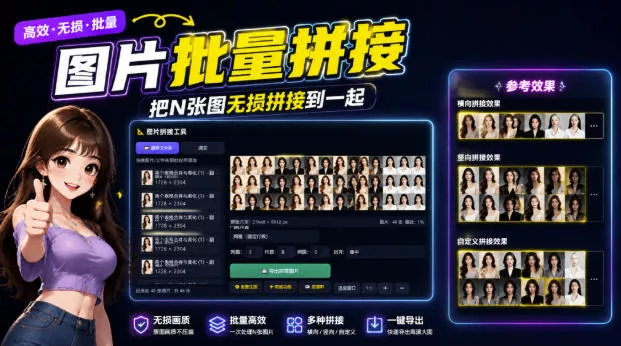 图片批量拼接，把N张图无损拼接到一起，支持横向、竖向、自定义等功能