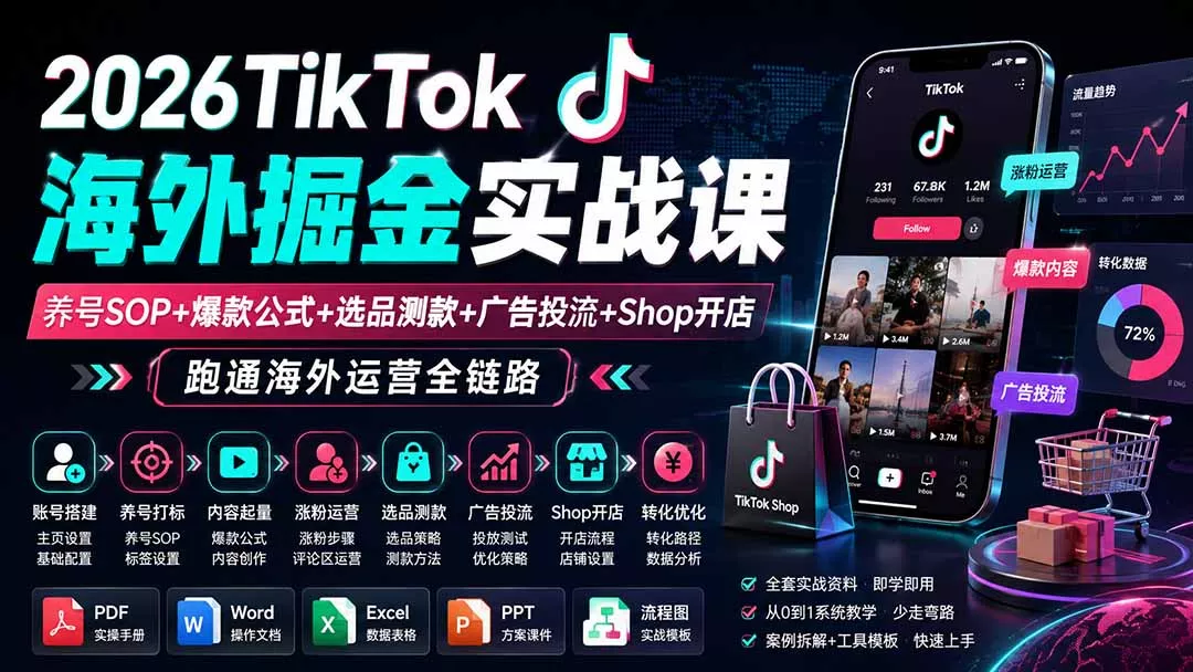 2026TikTok海外掘金实战课——养号SOP+爆款公式+选品测款+广告投流+Shop开店,跑通海外运营全链路 2026TikTok海外掘金实战课——养号SOP+爆款公式+选品测款+广告投流+Shop开店,跑通海外运营全链路