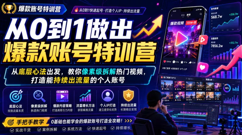 从0到1做出爆款账号特训营，从底层心法出发，教你像素级拆解热门视频，打造能持续出流量的个人账号-泡泡网赚