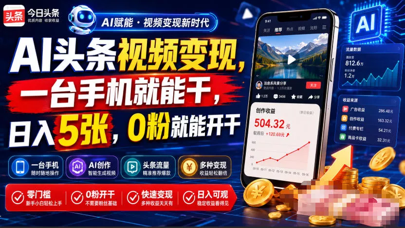 AI头条视频变现，一台手机就能干，日入5张，0粉就能开干-泡泡网赚
