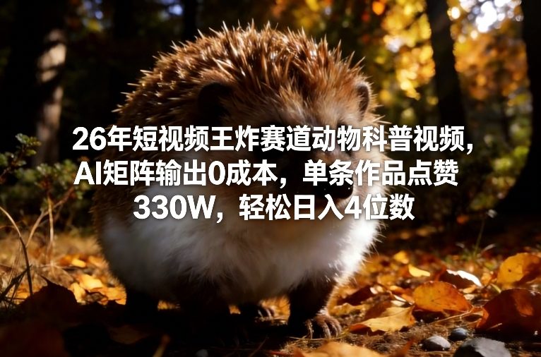 26年短视频王炸赛道动物科普视频，AI矩阵输出0成本，单条作品点赞330W，轻松日入4位数-泡泡网赚