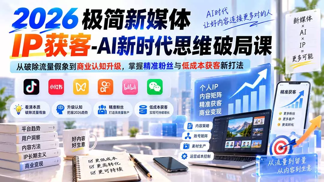 2026极简新媒体IP获客-AI新时代思维破局课：从破除流量假象到商业认知升级，掌握精准粉丝与低成本获客新打法-泡泡网赚
