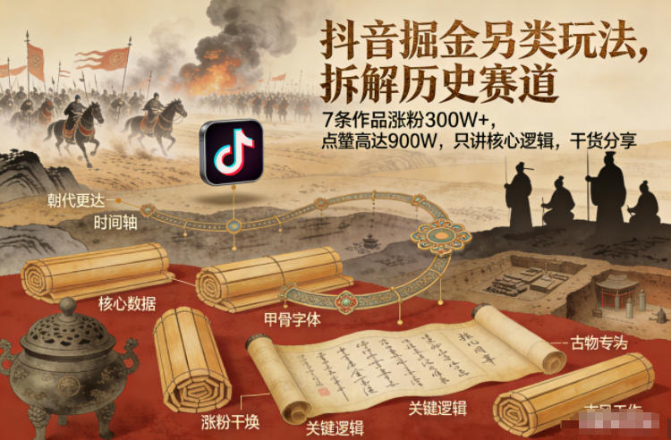 抖音掘金另类玩法，拆解历史赛道，7条作品涨粉300W+，点赞量高达900W，只讲核心逻辑，干货分享-泡泡网赚