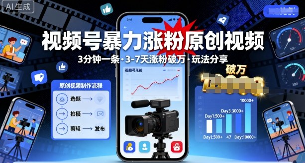 视频号暴力涨粉原创视频，3分钟一条原创视频，3-7天涨粉破万，玩法分享给你-泡泡网赚