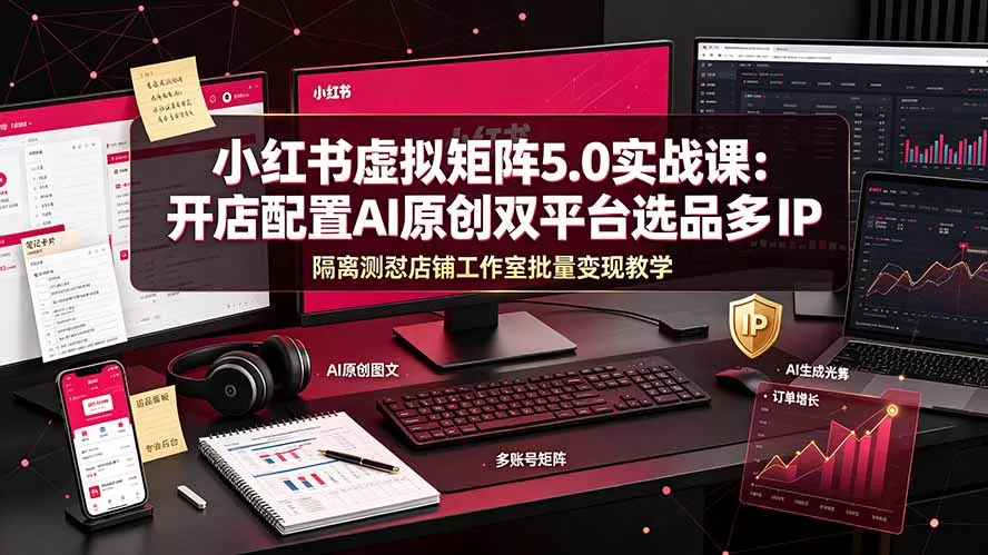 小红书虚拟矩阵5.0实战课：开店配置｜AI原创｜双平台选品｜多IP隔离｜测怼店铺工作室批量变现实操教学-泡泡网赚