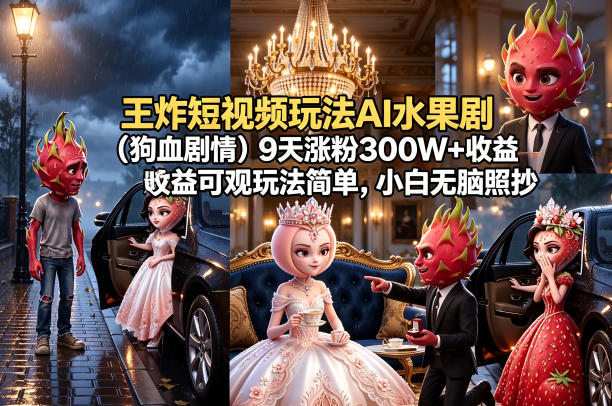王炸短视频玩法AI水果剧(狗血剧情)9天涨粉300W+收益可观玩法简单，小白无脑照抄，详细拆解玩法-泡泡网赚