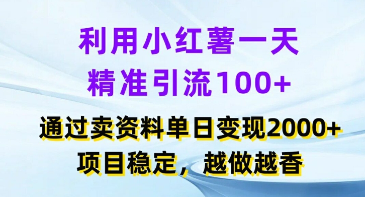 利用小红书一天精准引流100+，通过卖项目单日变现2k+，项目稳定，越做越香【揭秘】-泡泡网赚