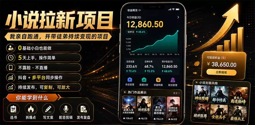 抖音及多平台小说拉新项目：我亲自跑通并持续带徒弟实操｜0基础小白5天上手快速变现-泡泡网赚