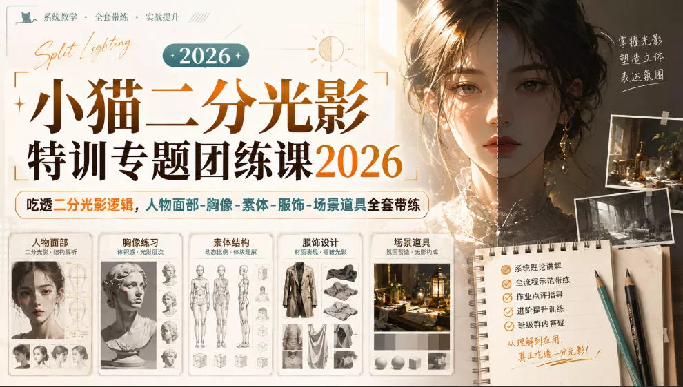 小猫二分光影特训专题团练课2026|吃透二分光影逻辑,人物面部‑胸像‑素体‑服饰‑场景道具全套带练,高清画质附赠课件与笔刷 小猫二分光影特训专题团练课2026|吃透二分光影逻辑,人物面部‑胸像‑素体‑服饰‑场景道具全套带练,高清画质附赠课件与笔刷