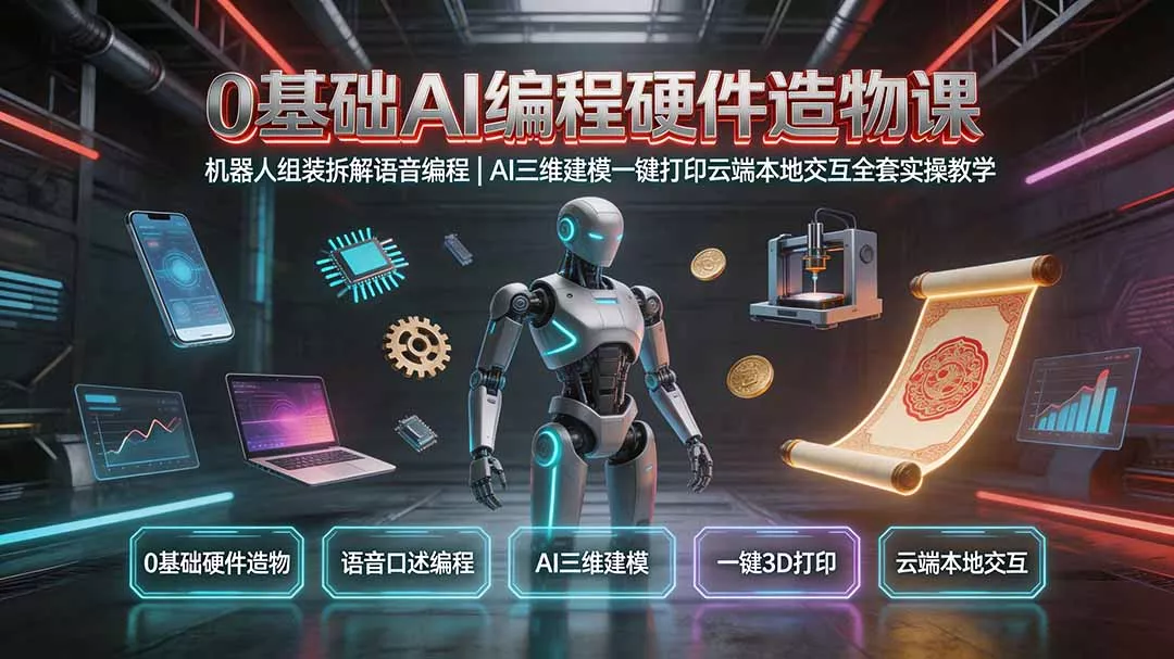 0基础AI编程硬件造物课｜机器人组装拆解语音编程，AI三维建模一键打印云端本地交互全套实操教学-泡泡网赚