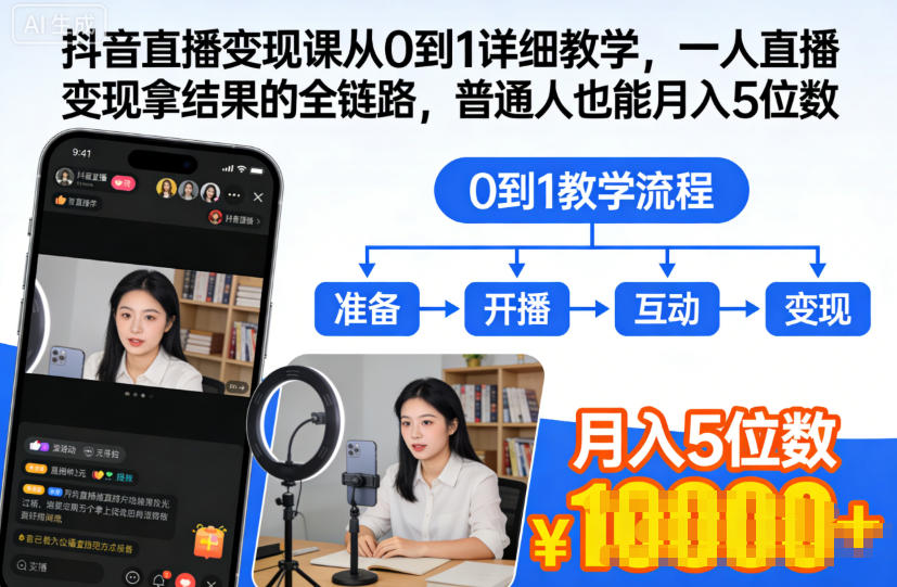 抖音直播变现课从0到1详细教学，一人直播变现拿结果的全链路，普通人也能月入5位数-泡泡网赚