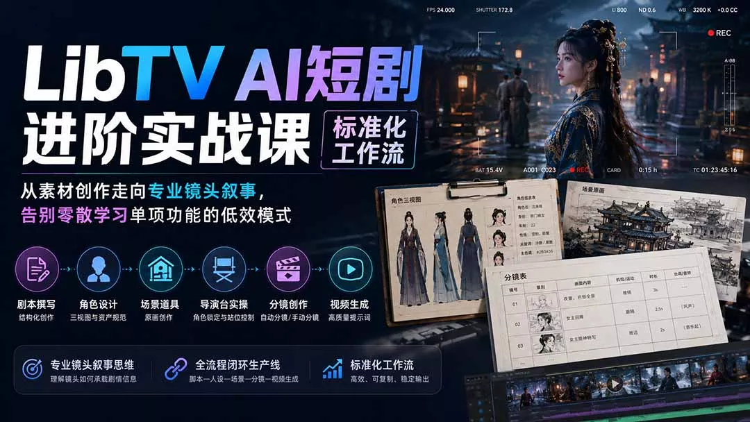 LibTV AI短剧进阶实操课标准化工作流；从素材创作走向专业镜头叙事，告别零散学习单项功能的低效模式-泡泡网赚