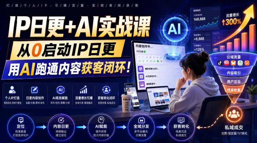 IP日更+AI实战课，从0启动IP日更，IP置顶视频制作+100条选题库搭建+10条日更规划，用AI跑通内容获客闭环!-泡泡网赚