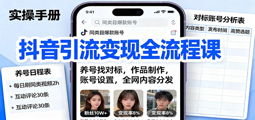 抖音引流变现全流程课：养号找对标，作品制作，账号设置，全网内容分发-泡泡网赚