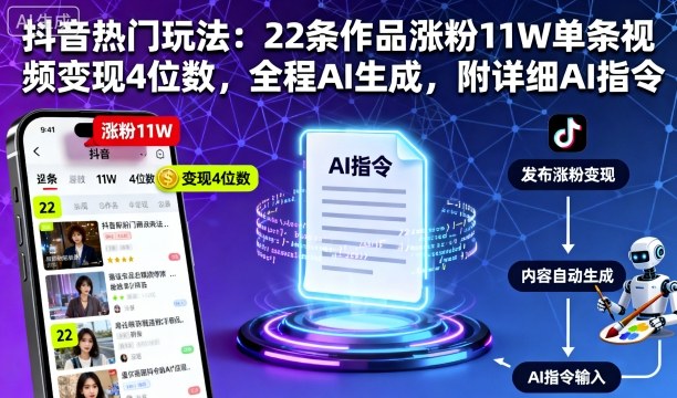 抖音热门玩法：22条作品涨粉11W单条视频变现4位数，全程AI生成，附详细AI指令-泡泡网赚