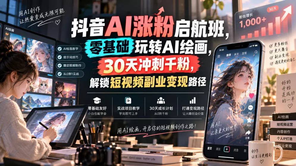 抖音AI涨粉启航班，零基础玩转AI绘画，30天冲刺千粉，解锁短视频副业变现路径-泡泡网赚