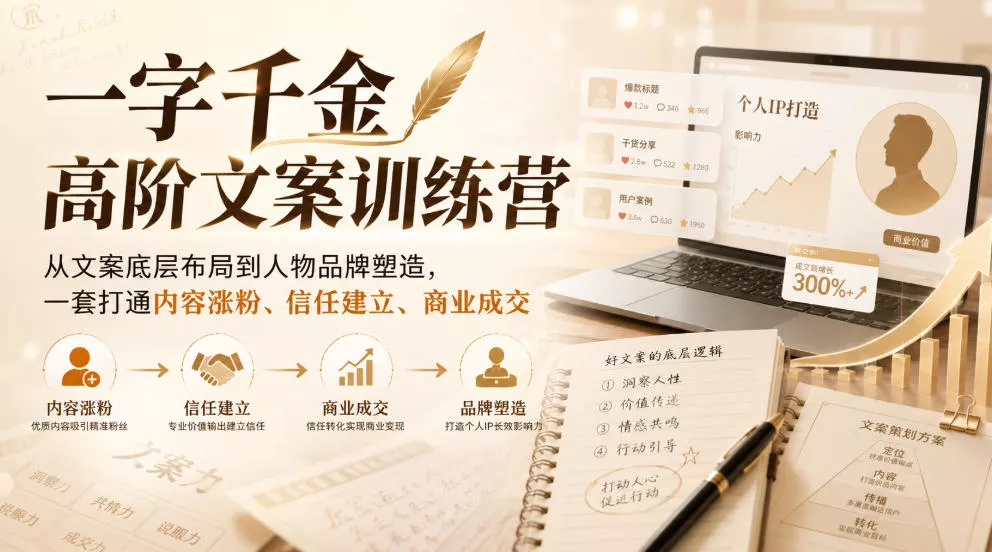 一字千金高阶文案训练营，从文案底层布局到人物品牌塑造，一套打通内容涨粉、信任建立、商业成交-泡泡网赚