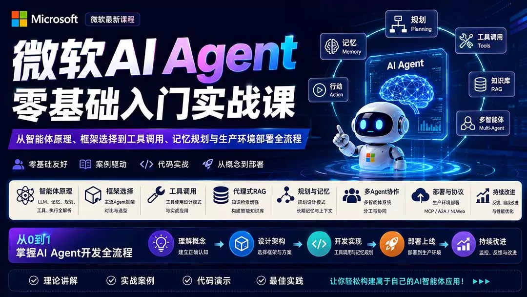 微软AI Agent零基础入门实战课：从智能体原理、框架选择到工具调用、记忆规划与生产环境部署全流程-泡泡网赚