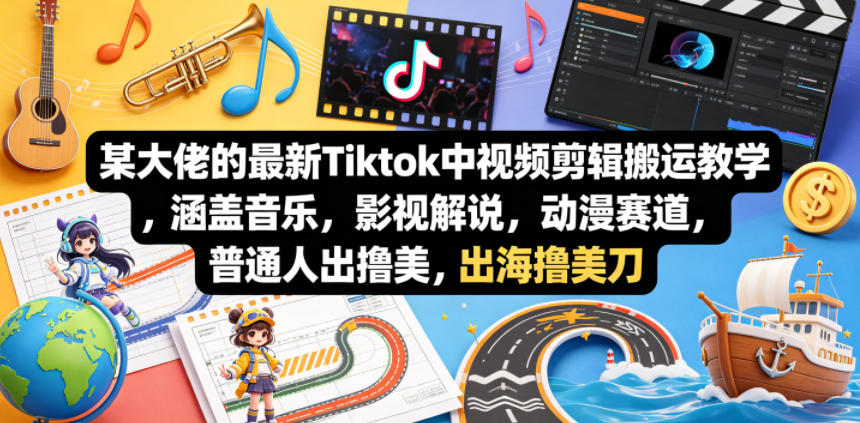 某大佬的最新Tiktok中视频剪辑搬运教学，涵盖音乐，影视解说，动漫赛道，普通人出海撸美刀-泡泡网赚