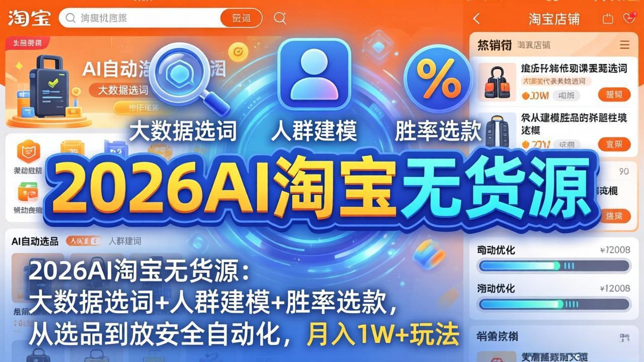 2026AI淘宝无货源：大数据选词+人群建模+胜率选款，从选品到放大全自动化，月入1W+玩法-泡泡网赚