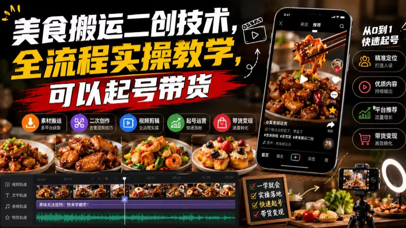 美食搬运二创技术，全流程实操教学，可以起号带货-泡泡网赚