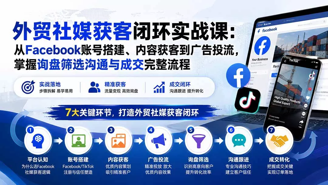 外贸社媒获客闭环实战课：从Facebook账号搭建、内容获客到广告投流，掌握询盘筛选沟通与成交完整流程-泡泡网赚