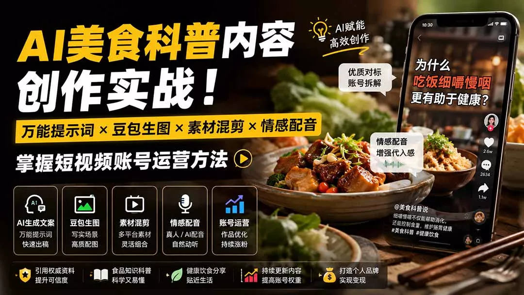 外面卖199元-AI美食科普内容创作实战！万能提示词×豆包生图×素材混剪×情感配音，掌握短视频账号运营方法-泡泡网赚