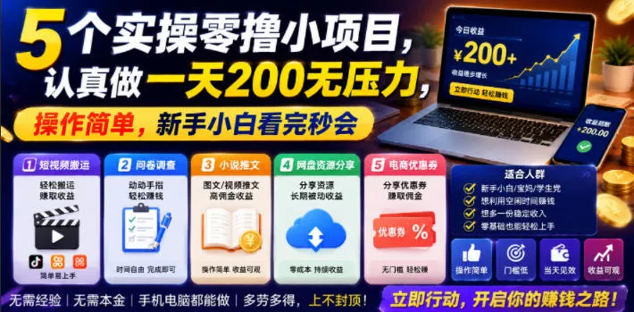 5个实操零撸小项目，认真做一天200无压力，操作简单，新手小白看完秒会【揭秘】-泡泡网赚