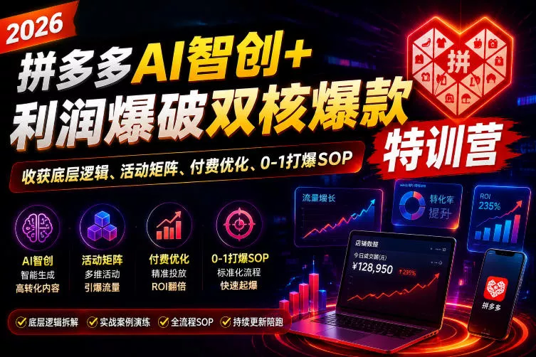 2026拼多多AI智创+利润爆破双核爆款特训营，收获底层逻辑、活动矩阵、付费优化、0-1打爆SOP(更新0810)-泡泡网赚