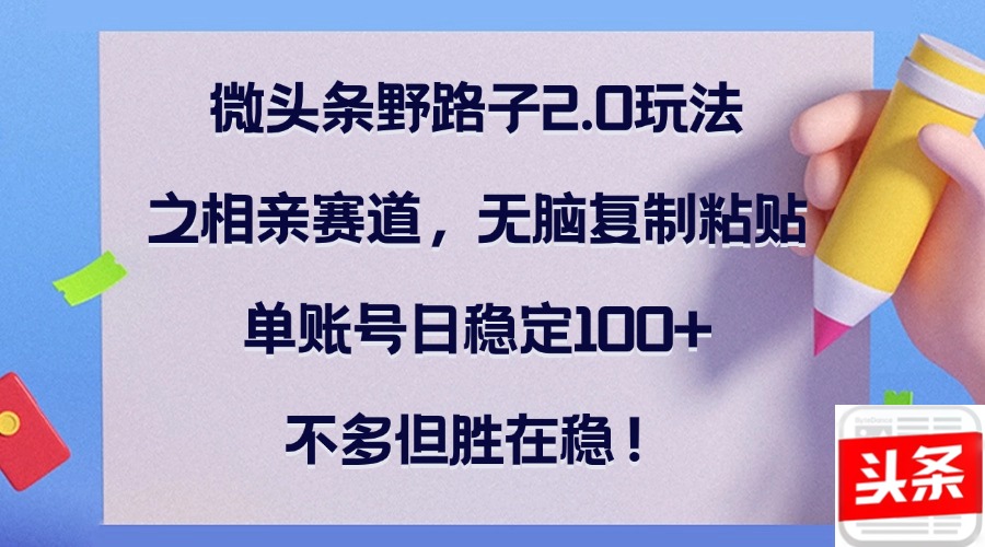 微头条野路子2.0玩法之相亲赛道，无脑复制粘贴，单账号日稳定100+，不…-泡泡网赚