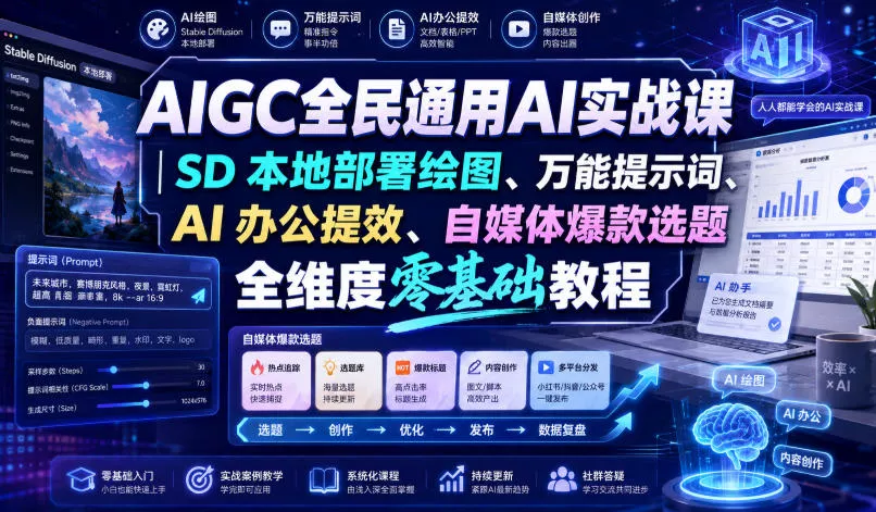AIGC全民通用AI实战课｜SD本地部署绘图、万能提示词、AI办公提效、自媒体爆款选题全维度零基础教程-泡泡网赚