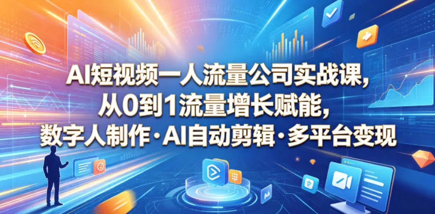 AI短视频一人流量公司实战课，从0到1流量增长赋能，数字人制作・AI自动剪辑・多平台变现，一人做流量生意全落地教程-泡泡网赚