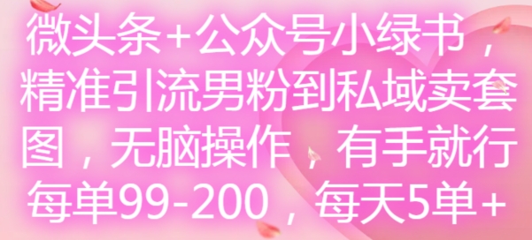 微头条+公众号小绿书，精准引流男粉到私域卖套图，无脑操作，有手就行，每单99-200，每天5单-泡泡网赚