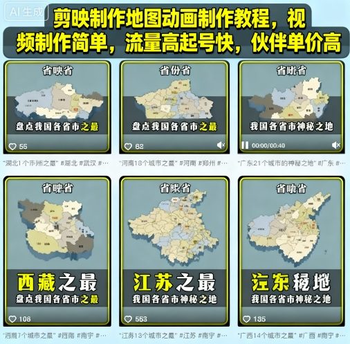 剪映制作地图动画制作教程，视频制作简单，流量高起号快，伙伴单价高-泡泡网赚