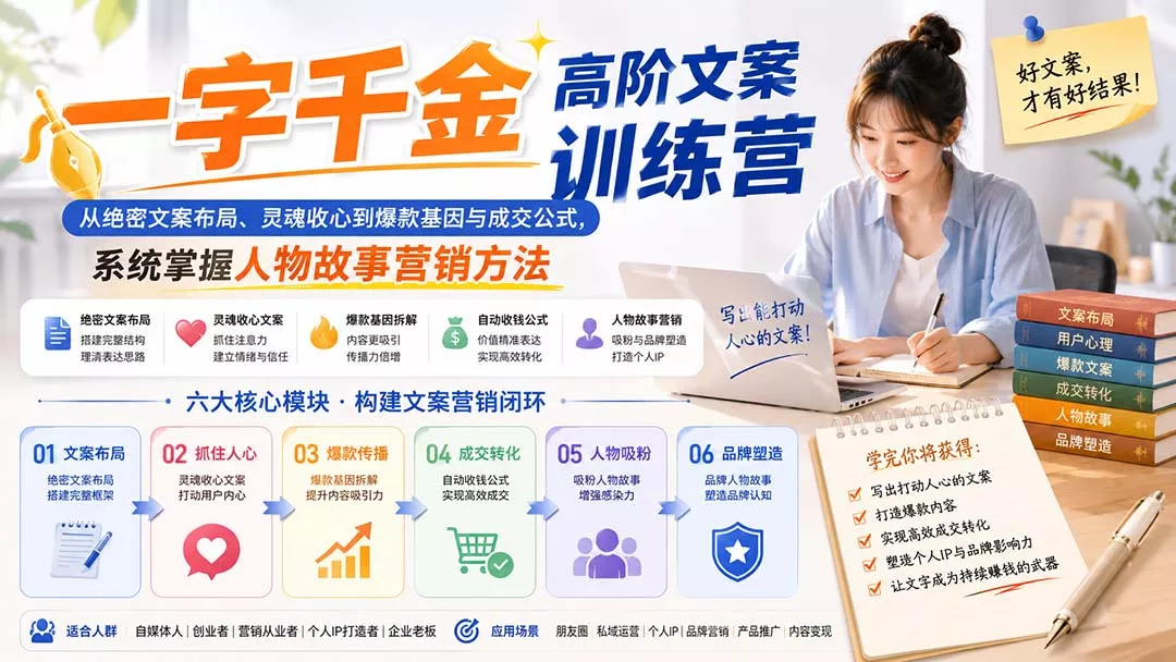 一字千金高阶文案训练营：从绝密文案布局、灵魂收心到爆款基因与成交公式，系统掌握人物故事营销方法-泡泡网赚