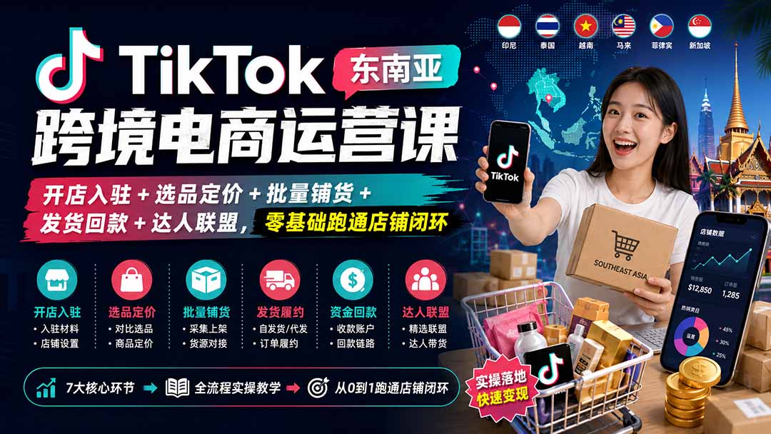 TikTok东南亚跨境电商运营课：开店入驻+选品定价+批量铺货+发货回款+达人联盟，零基础跑通店铺闭环-泡泡网赚