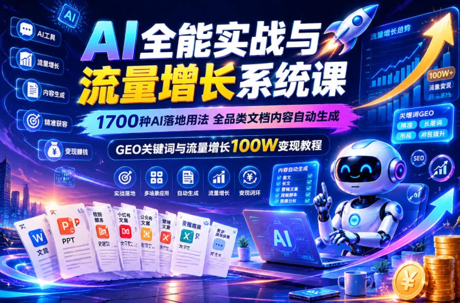AI全能实战与流量增长系统课，1700种AI落地用法，全品类文档内容自动生成，GEO关键词与流量增长100W变现教程-泡泡网赚