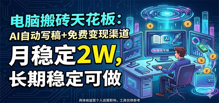 电脑搬砖天花板：AI自动写稿+免费变现渠道，月稳定2W，长期稳定可做-泡泡网赚