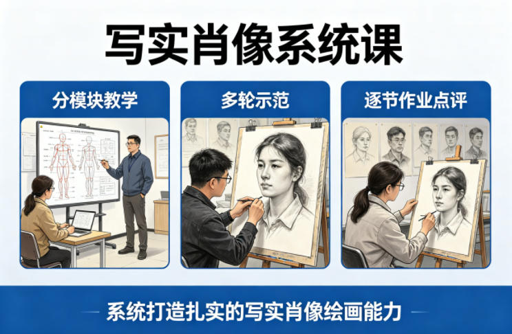 写实肖像系统课，全程分模块教学+多轮示范+逐节作业点评，系统打造扎实的写实肖像绘画能力-泡泡网赚